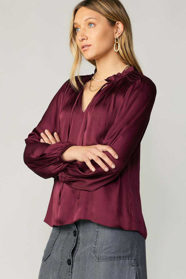 Self Tie Ruffle Smocked Detail Blouse Wine