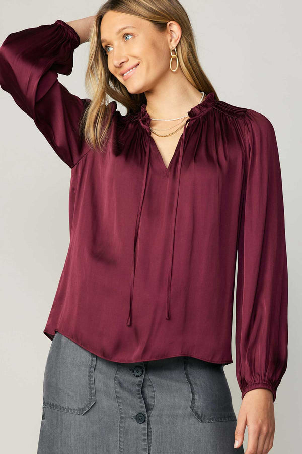 Self Tie Ruffle Smocked Detail Blouse Wine