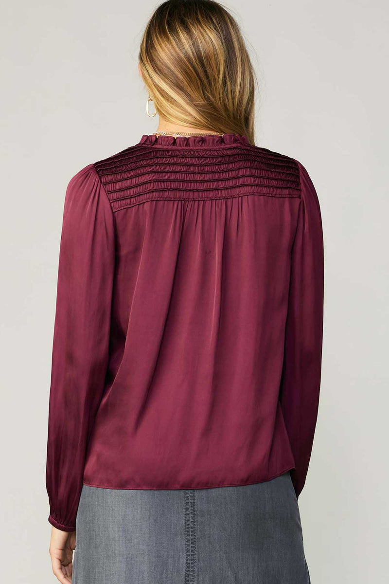 Self Tie Ruffle Smocked Detail Blouse Wine