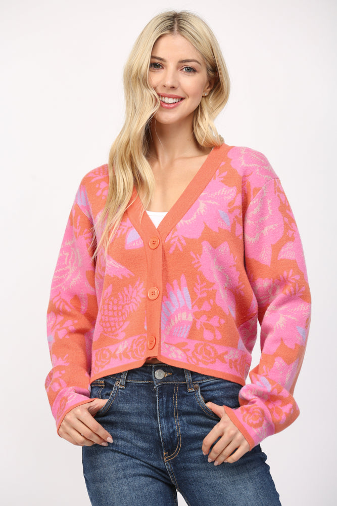 Floral Pattern Buttoned Crop Cardi Orange Multi