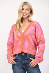 Floral Pattern Buttoned Crop Cardi Orange Multi