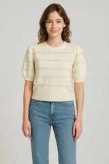 Confetti Stripe Puff Short Sleeve Sweater Ivory