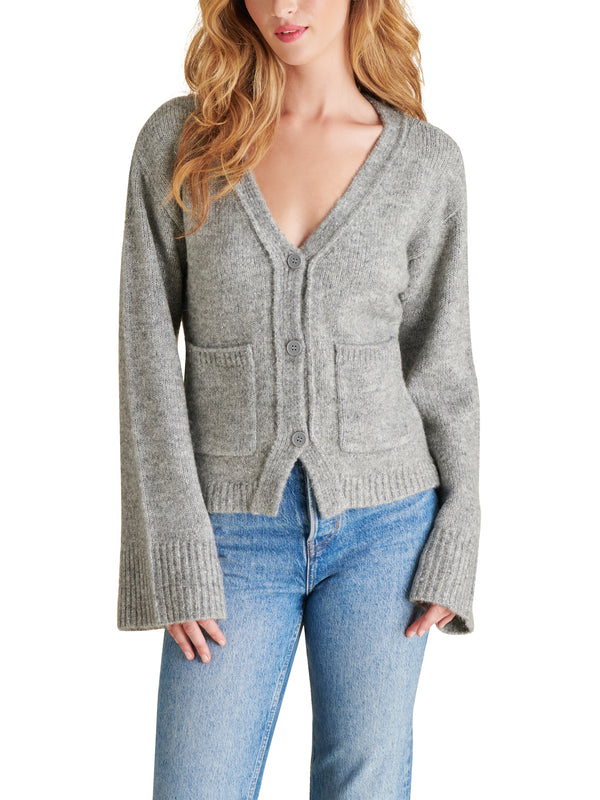 Odelia Flare Sleeve Metallic Knit Buttoned Cardi Grey