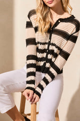 Button Down Crochet Stripe Sweater Black