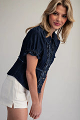 Ruffle Button Down Denim Blouse Denim