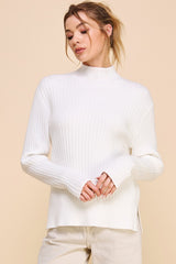 Cozy Ribbed Side Slit Mock Neck Pullover Off White