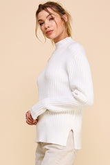 Cozy Ribbed Side Slit Mock Neck Pullover Off White