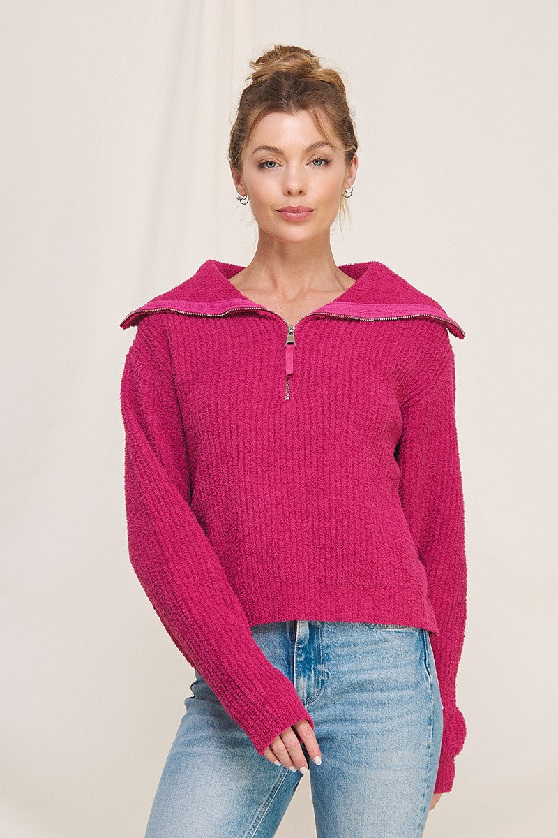 Plush Stripe Textured Half Zip Sweater Magenta