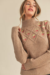 Floral Emb. Mix Textured Sweater Taupe