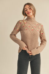 Floral Emb. Mix Textured Sweater Taupe