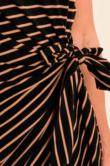Stripe Side Tie Midi Dress Beige + Black