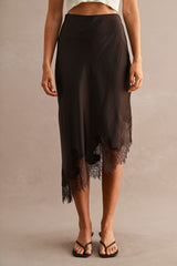 High Waisted Lace Trim Asymmetric Hem Midi Skirt Chocolate Brown