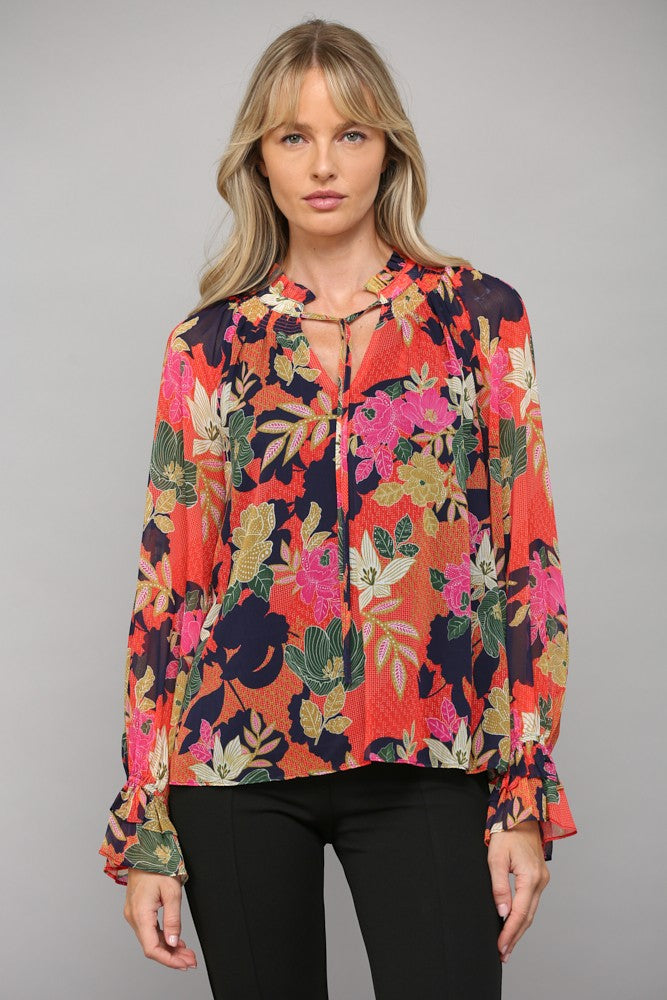 Retro Floral Ruffle Neck Blouse Navy Multi