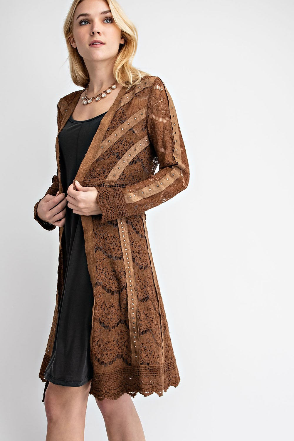 Studded Suede Details Lace Jacket Camel