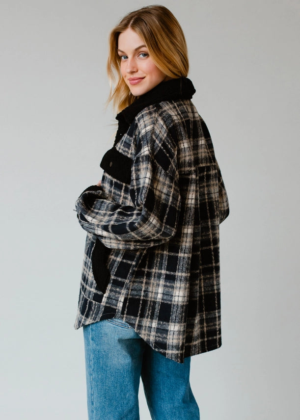 Sherpa Details Plaid Jacket Navy, Tan + Black