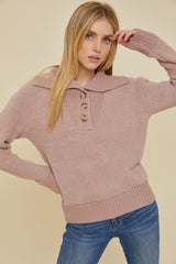 Multi Texture Wide Button Collar Sweater Taupe