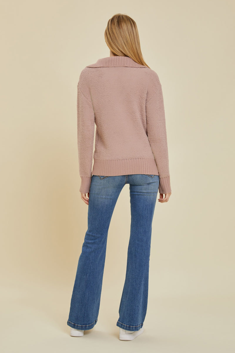 Multi Texture Wide Button Collar Sweater