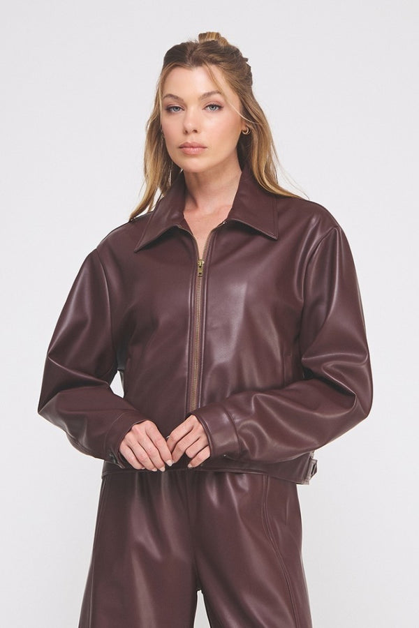 Soft Leather Zip Collared Jacket Wine