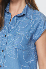 Floral Chambray Cap Sleeve Button Down Shirt Floral Chambray