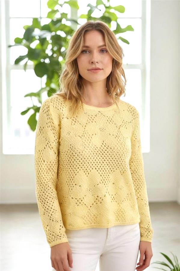 Flower Crochet Long Sleeve Sweater Top Lemon
