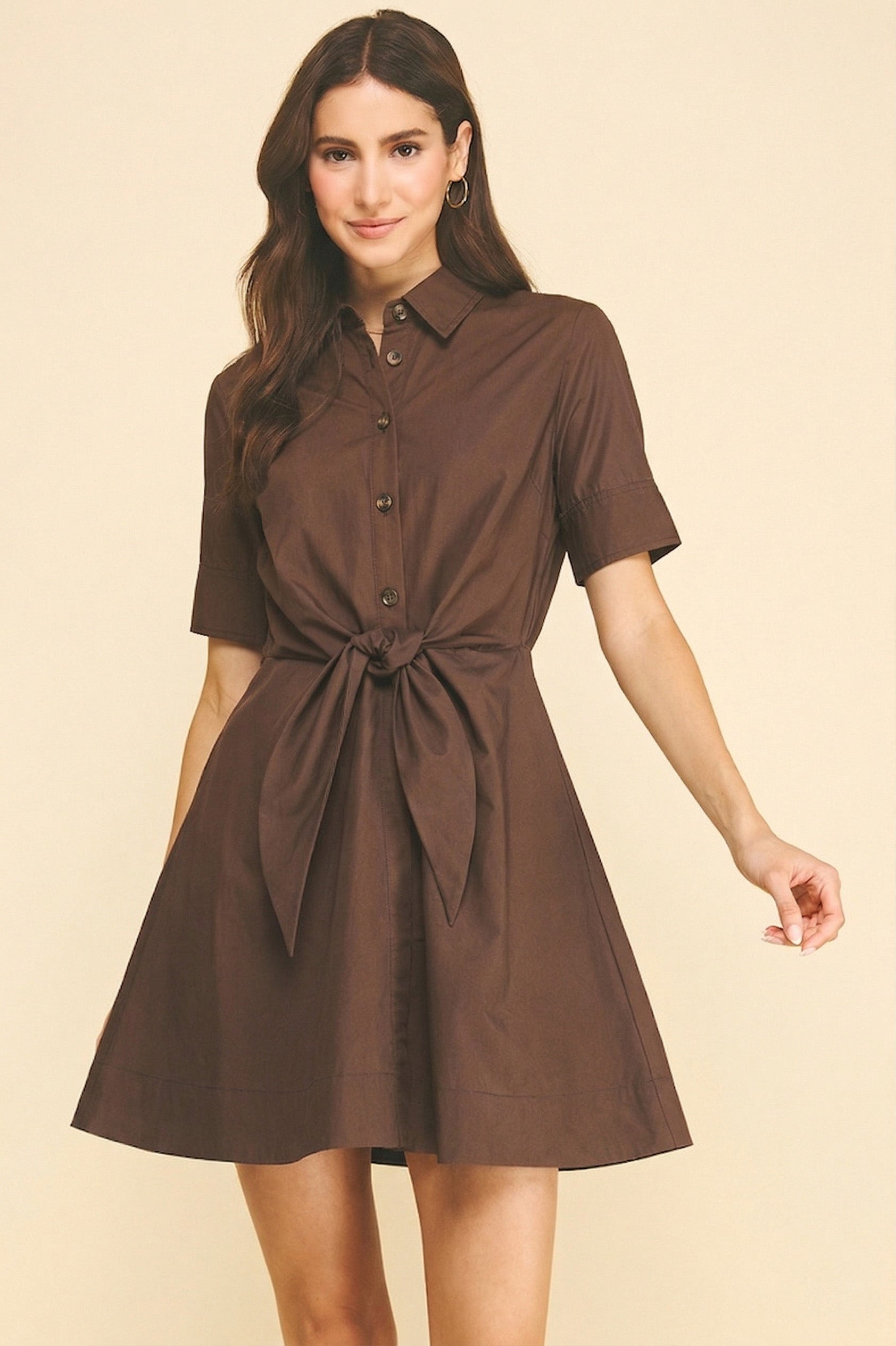 Tie Front Collared Button Down Mini Dress Espresso