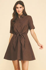Tie Front Collared Button Down Mini Dress Espresso