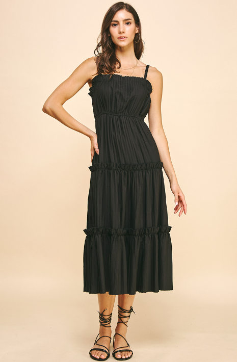 Sleeveless Pleated Tiered Midi Dress Black