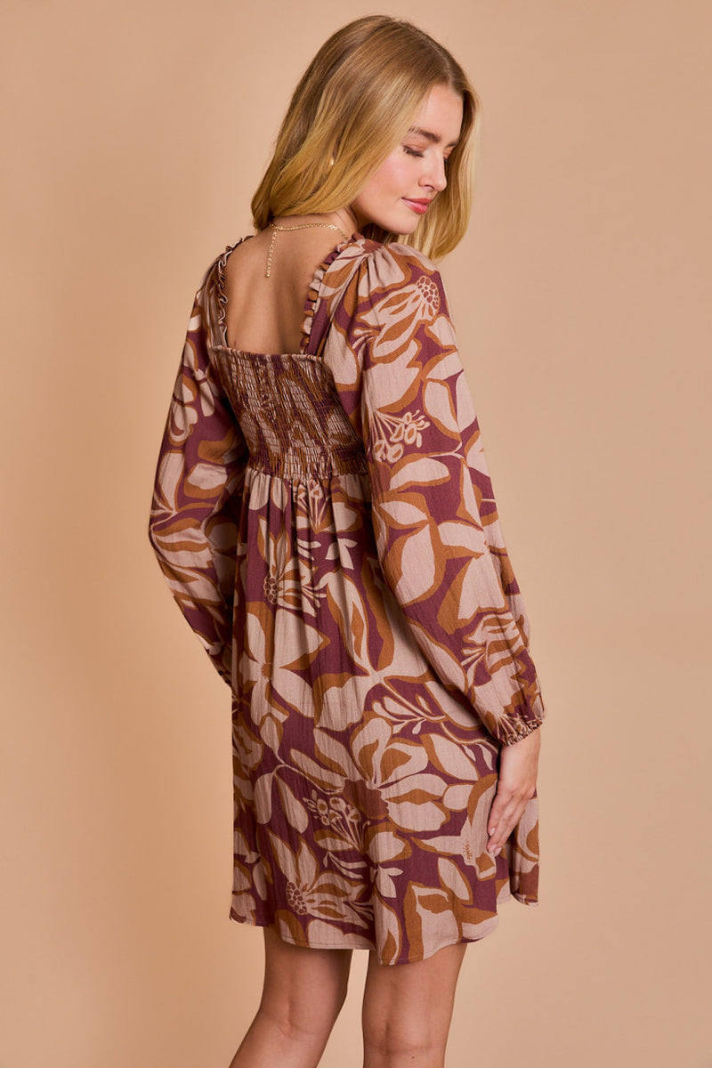 Square Neck Shirred Floral Puff Sleeve Mini Dress Burgundy Floral