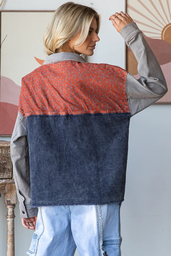 Washed Colorblock Corduroy Jacket Chili