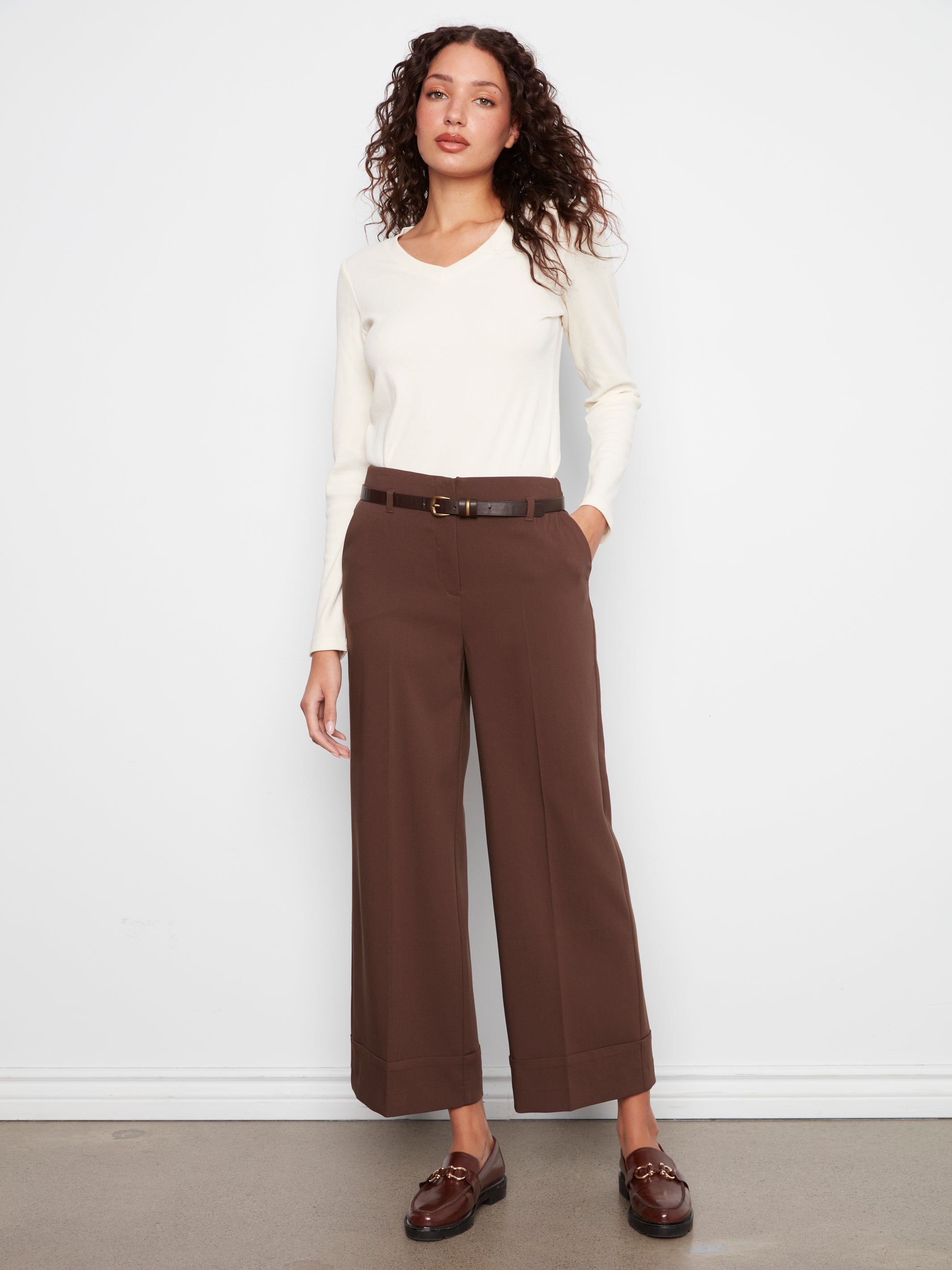 Belted Wide Leg Crepe Pants Coffee