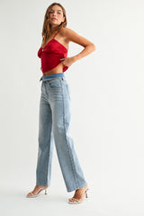 Folded Waist Relaxed Straight Jeans Light Denim