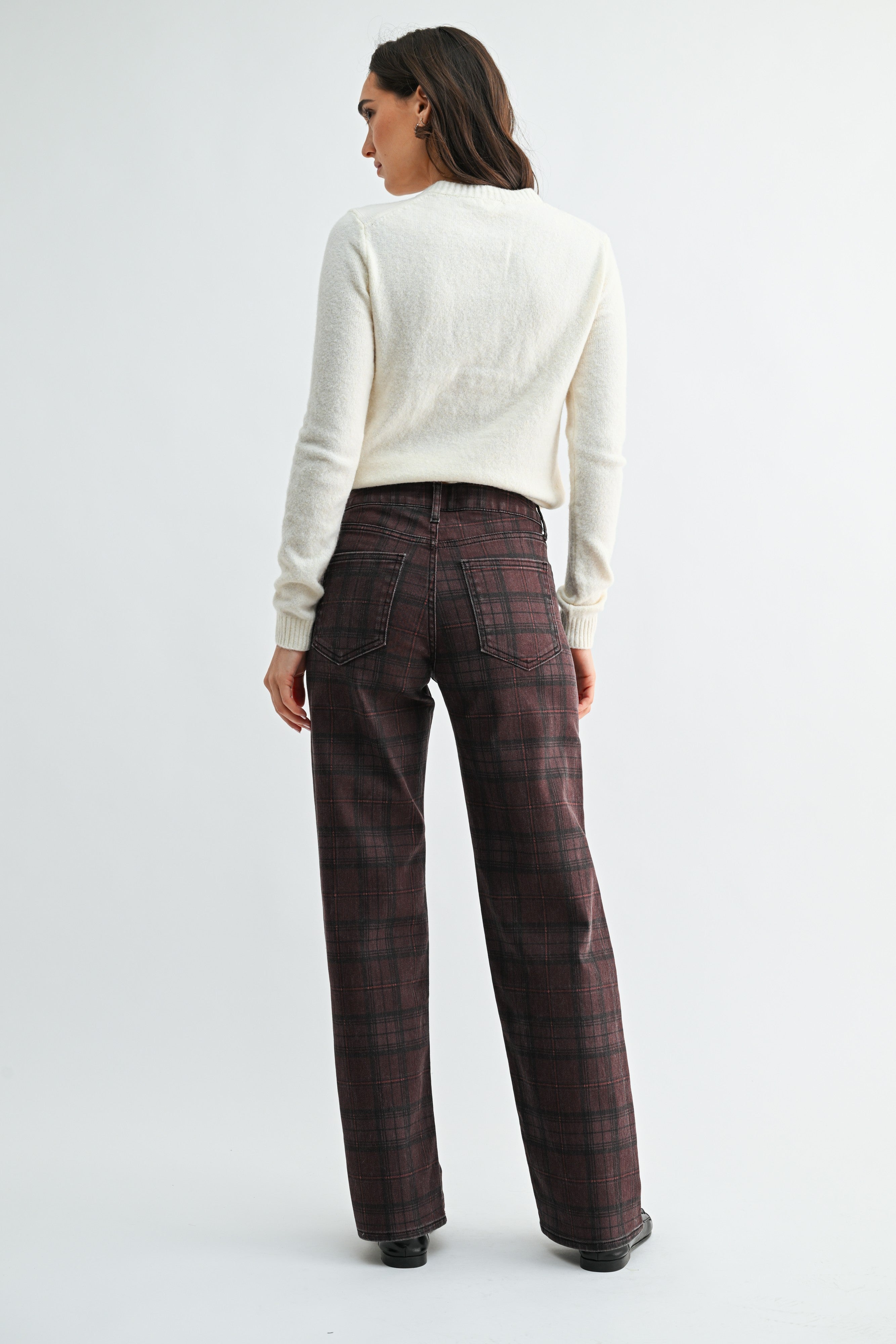 High Rise Full Length Straight Denim Pants Dark Burgundy Plaid