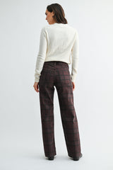 High Rise Full Length Straight Denim Pants Dark Burgundy Plaid