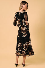 Cowl Neck Ruched Waist Floral Mesh Midi Dress Black + Brown