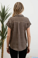 Stripe Collared Button Down Short Sleeve Shirt Black