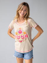 Boho Folk Floral Contrast Stitch Tee Cream