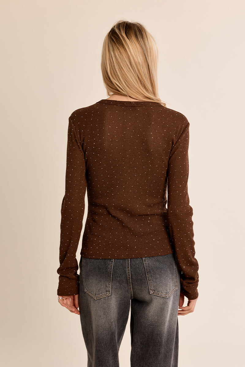 Crystal Studded Knit Long Sleeve Top Chocolate
