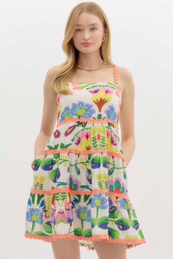 Botanical Printed Rickrack Mini Dress Peach Green