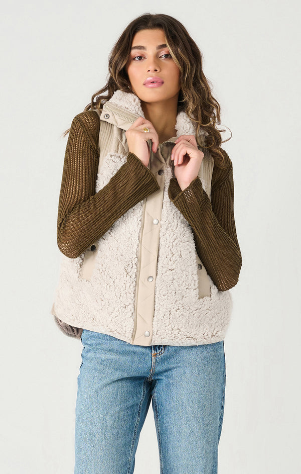 Quilted Sherpa Mix Media Vest Olive + Neutral