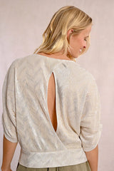 Metallic Detail Ruched Half Sleeve Top Off White