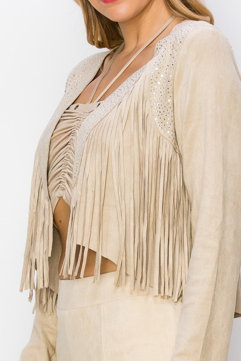 Crystal Fringe Suede Crop Jacket Natural