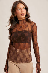 Mock Neck Lace Thumb Hole Sleeve Top Black Coffee