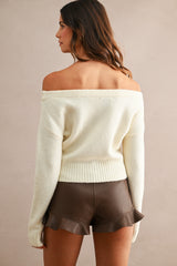 Off Shoulder Cropped Button Sweater Cardi Cream
