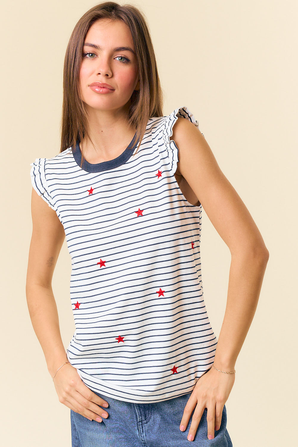 Sleeveless Ruffle Star Emb. Stripe Top Off White + Navy