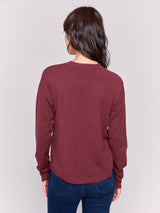 Solid Distressed Hem Round Hem Sweater Cabernet