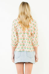 Stemmed Floral 3/4 Sleeve Tassel Top Cream