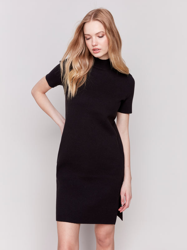 Knit Short Sleeve Mock Neck Dress Black