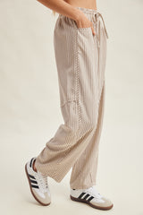 Striped Drawstring Seam Detail Pants Cream + Brown