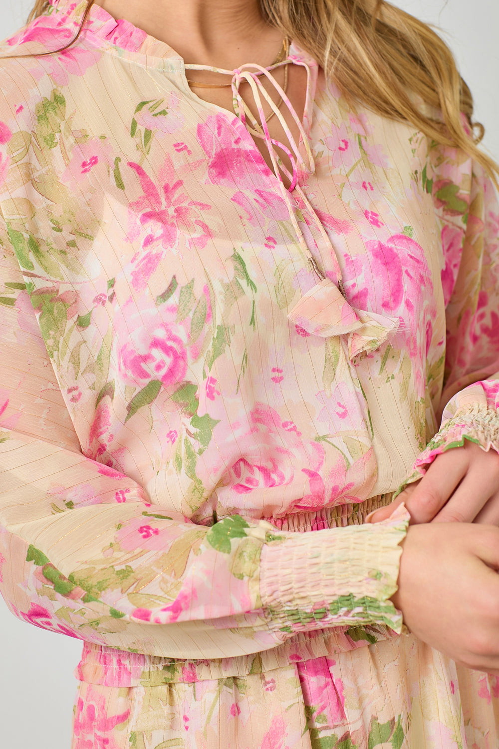 Floral Tie Neck Smocked Bottom Peasant Chiffon Blouse Ivory + Rose