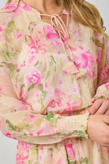 Floral Tie Neck Smocked Bottom Peasant Chiffon Blouse Ivory + Rose